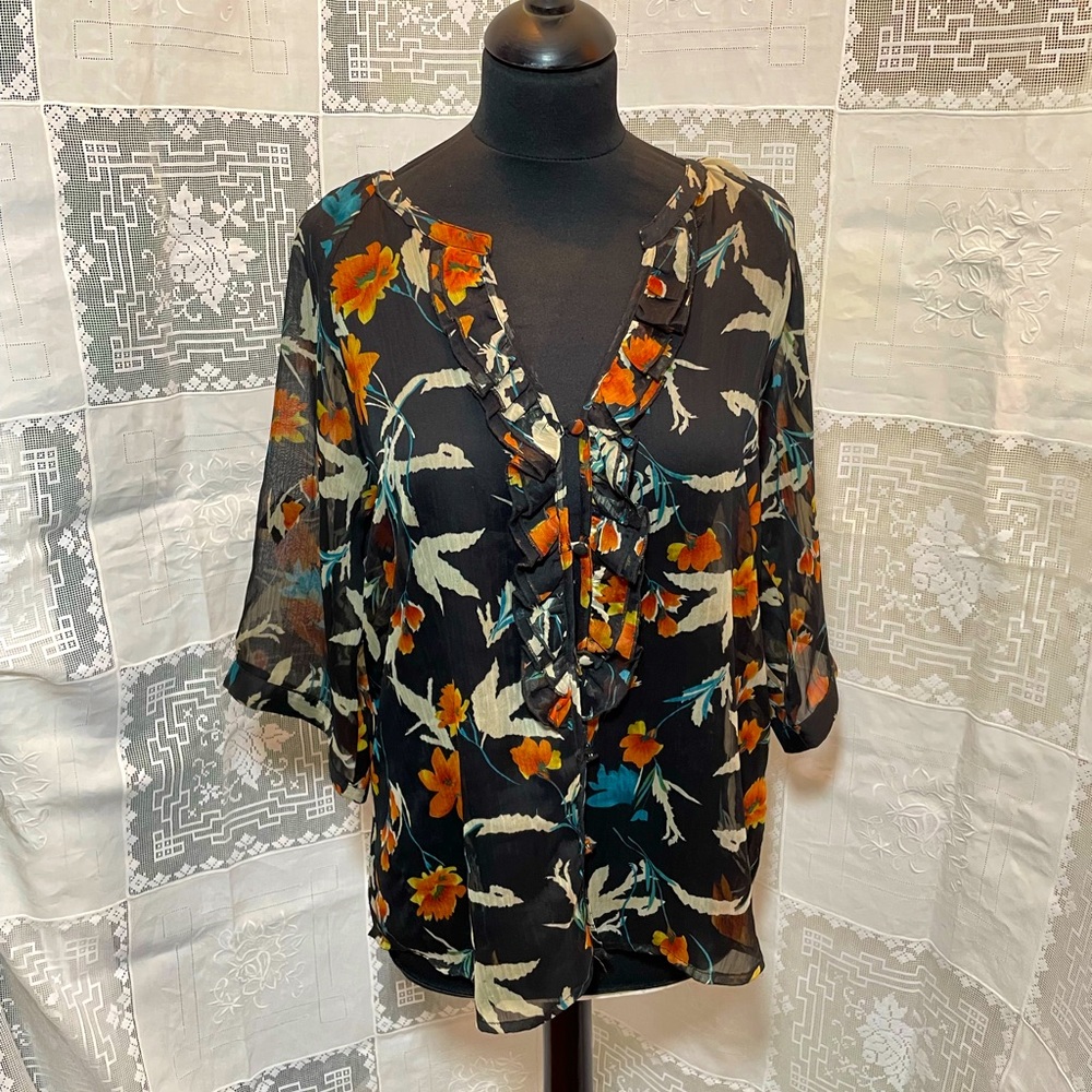 Pleione Short Sleeve Black Floral Blouse M